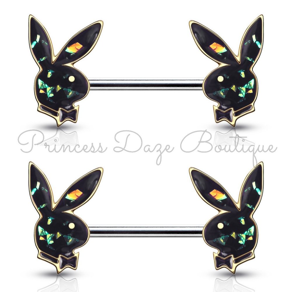 Playboy‎ Gold/ Dark Green Opal Barbell Nipple Ring